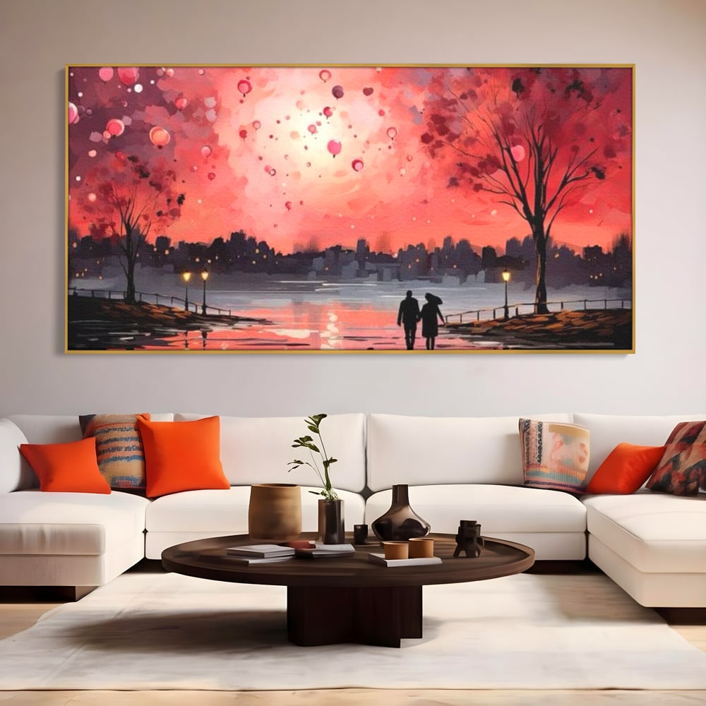 Tablou Canvas Premium LuxCanva® E1021, Plimbare Sub Cerul Inflacarat, Apus, Doi, Cuplu, Apa, Urban, Living Room, Culori vibrante