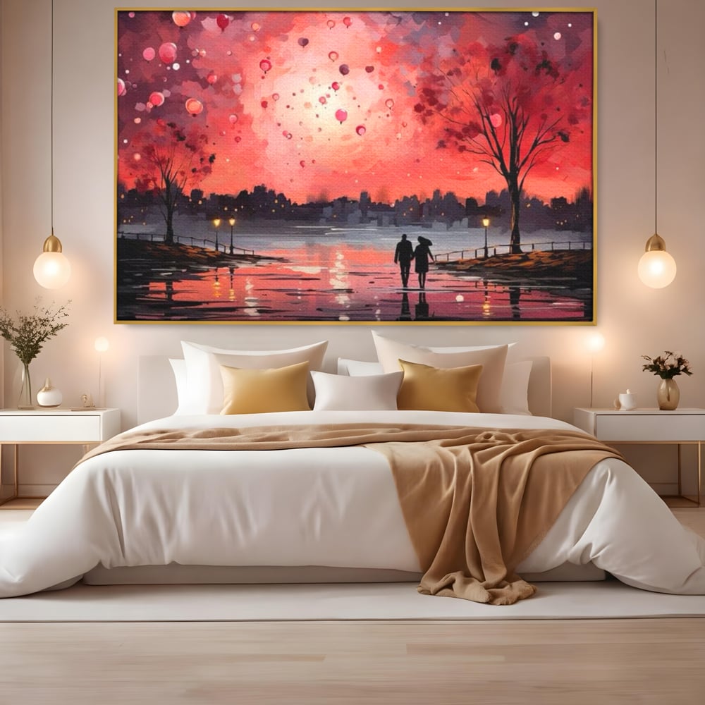 Tablou Canvas Premium LuxCanva® E1021, Plimbare Sub Cerul Inflacarat, Apus, Doi, Cuplu, Apa, Urban, Living Room, Culori vibrante