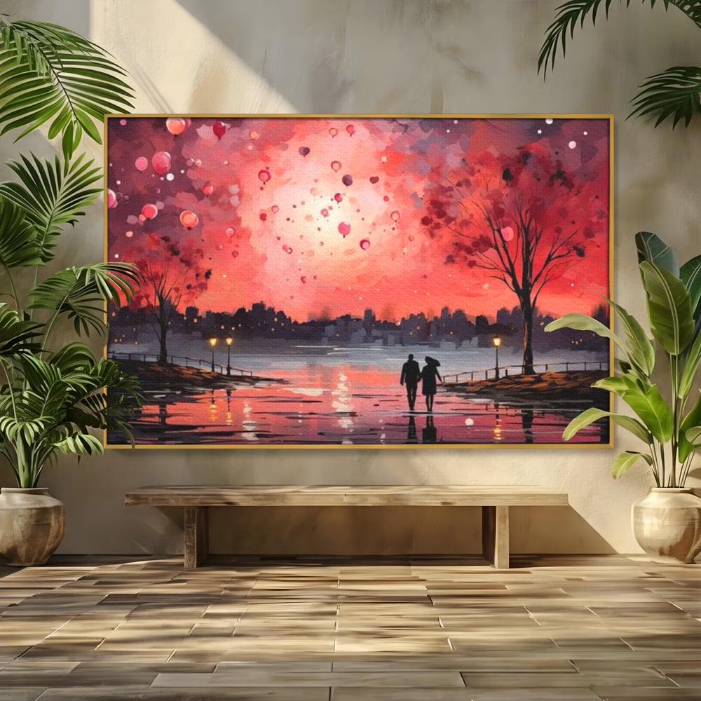 Tablou Canvas Premium LuxCanva® E1021, Plimbare Sub Cerul Inflacarat, Apus, Doi, Cuplu, Apa, Urban, Living Room, Culori vibrante