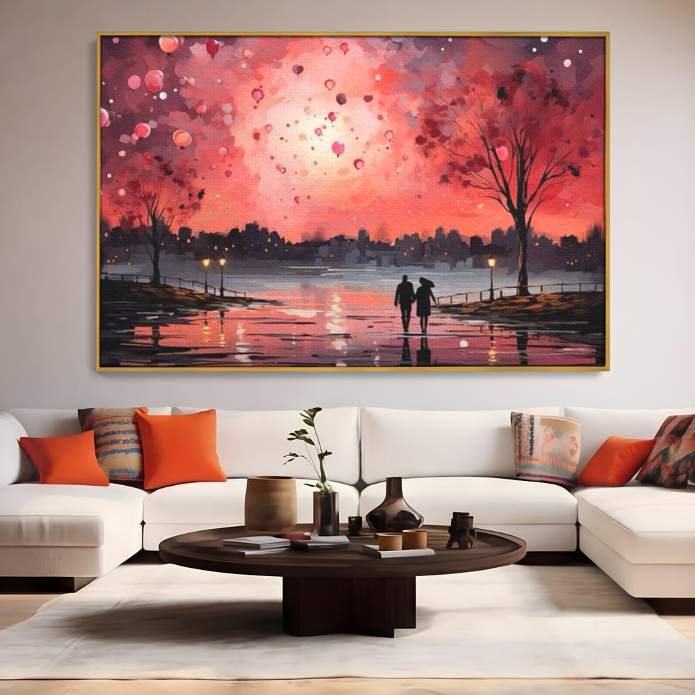 Tablou Canvas Premium LuxCanva® E1021, Plimbare Sub Cerul Inflacarat, Apus, Doi, Cuplu, Apa, Urban, Living Room, Culori vibrante
