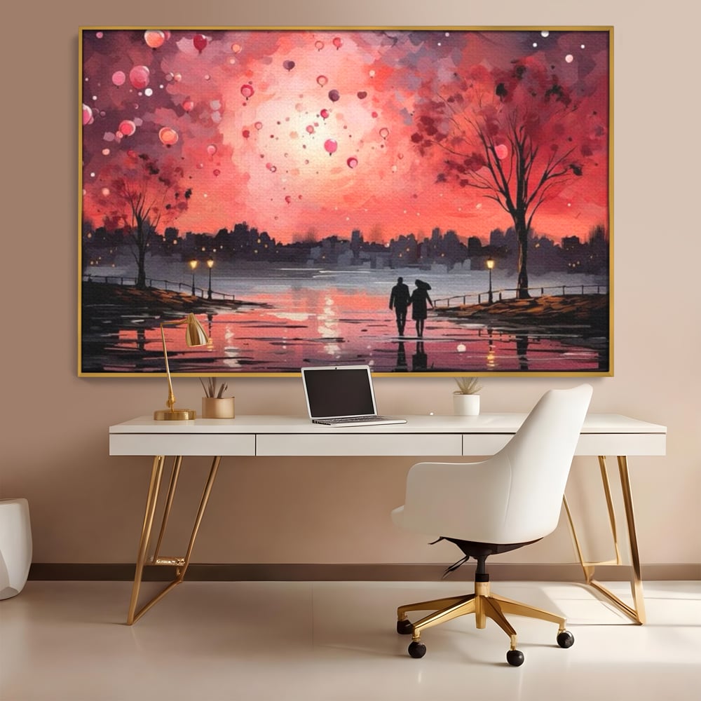 Tablou Canvas Premium LuxCanva® E1021, Plimbare Sub Cerul Inflacarat, Apus, Doi, Cuplu, Apa, Urban, Living Room, Culori vibrante