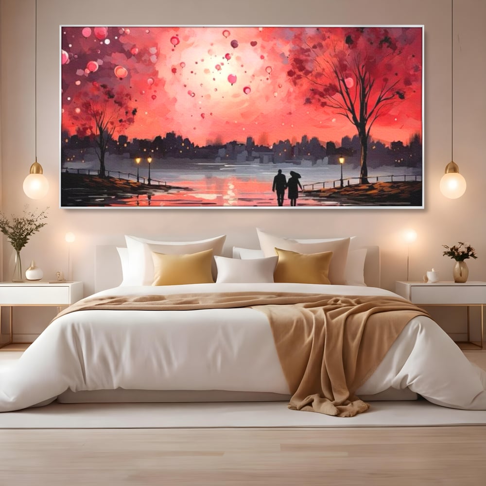 Tablou Canvas Premium LuxCanva® E1021, Plimbare Sub Cerul Inflacarat, Apus, Doi, Cuplu, Apa, Urban, Living Room, Culori vibrante