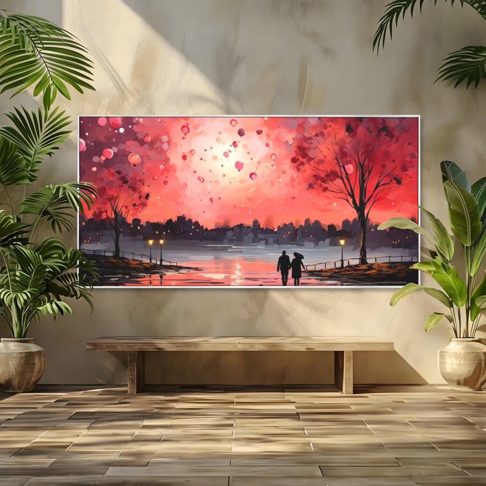 Tablou Canvas Premium LuxCanva® E1021, Plimbare Sub Cerul Inflacarat, Apus, Doi, Cuplu, Apa, Urban, Living Room, Culori vibrante