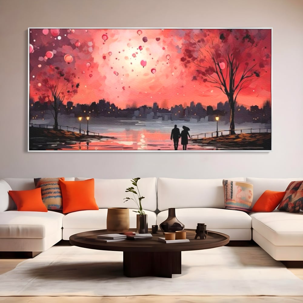 Tablou Canvas Premium LuxCanva® E1021, Plimbare Sub Cerul Inflacarat, Apus, Doi, Cuplu, Apa, Urban, Living Room, Culori vibrante