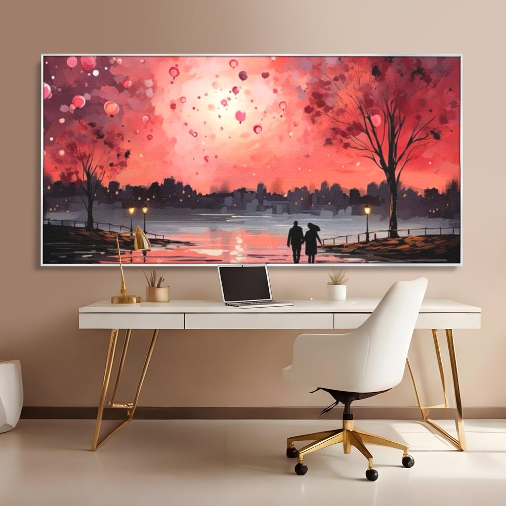 Tablou Canvas Premium LuxCanva® E1021, Plimbare Sub Cerul Inflacarat, Apus, Doi, Cuplu, Apa, Urban, Living Room, Culori vibrante