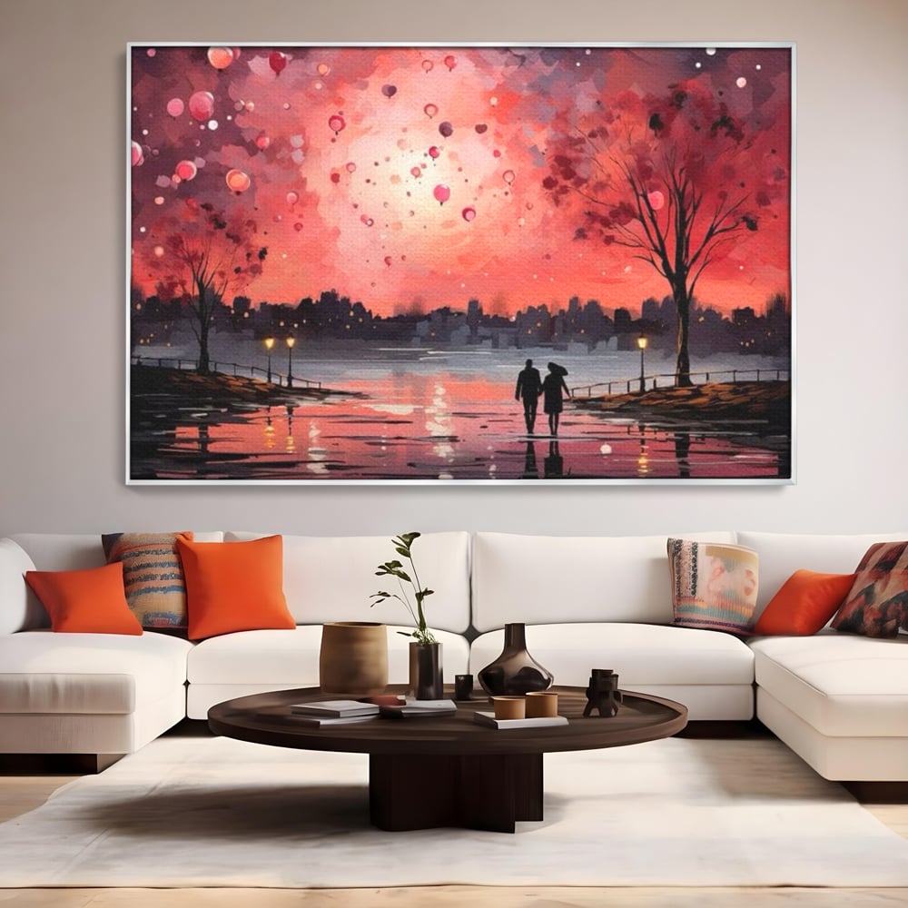 Tablou Canvas Premium LuxCanva® E1021, Plimbare Sub Cerul Inflacarat, Apus, Doi, Cuplu, Apa, Urban, Living Room, Culori vibrante