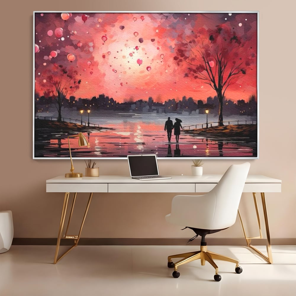 Tablou Canvas Premium LuxCanva® E1021, Plimbare Sub Cerul Inflacarat, Apus, Doi, Cuplu, Apa, Urban, Living Room, Culori vibrante