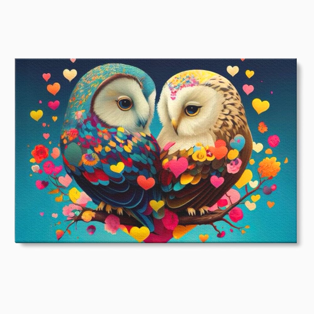 Leinwandbilder Premium LuxCanva® E1022, Die Eulen der Liebe, Eulen, Verbindung, Liebe, Harmonie, Herzen, Wohnzimmer, Lebendige Farben