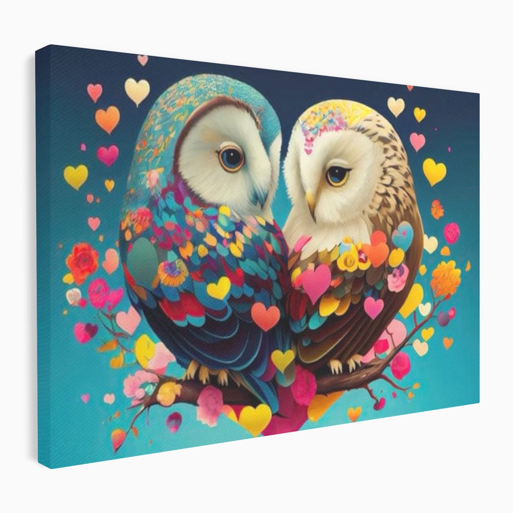 Leinwandbilder Premium LuxCanva® E1022, Die Eulen der Liebe, Eulen, Verbindung, Liebe, Harmonie, Herzen, Wohnzimmer, Lebendige Farben