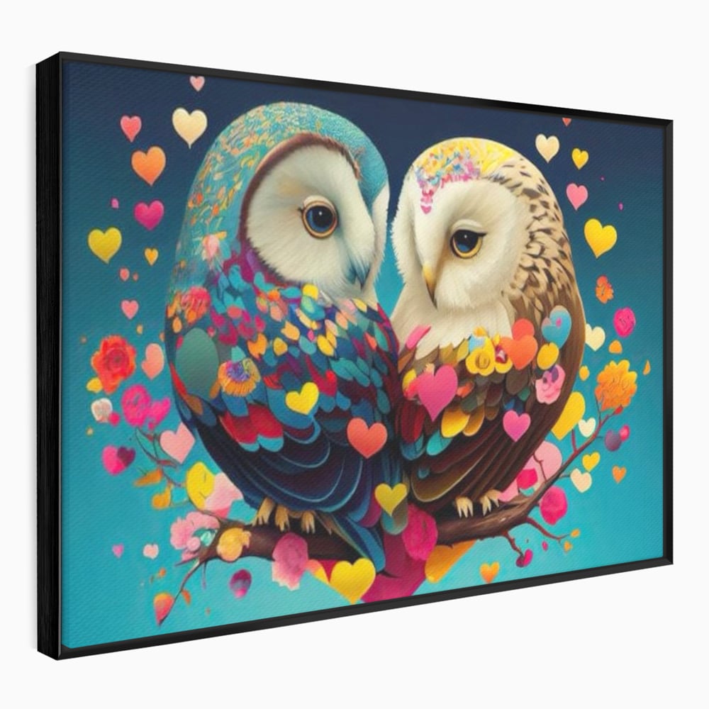 Leinwandbilder Premium LuxCanva® E1022, Die Eulen der Liebe, Eulen, Verbindung, Liebe, Harmonie, Herzen, Wohnzimmer, Lebendige Farben