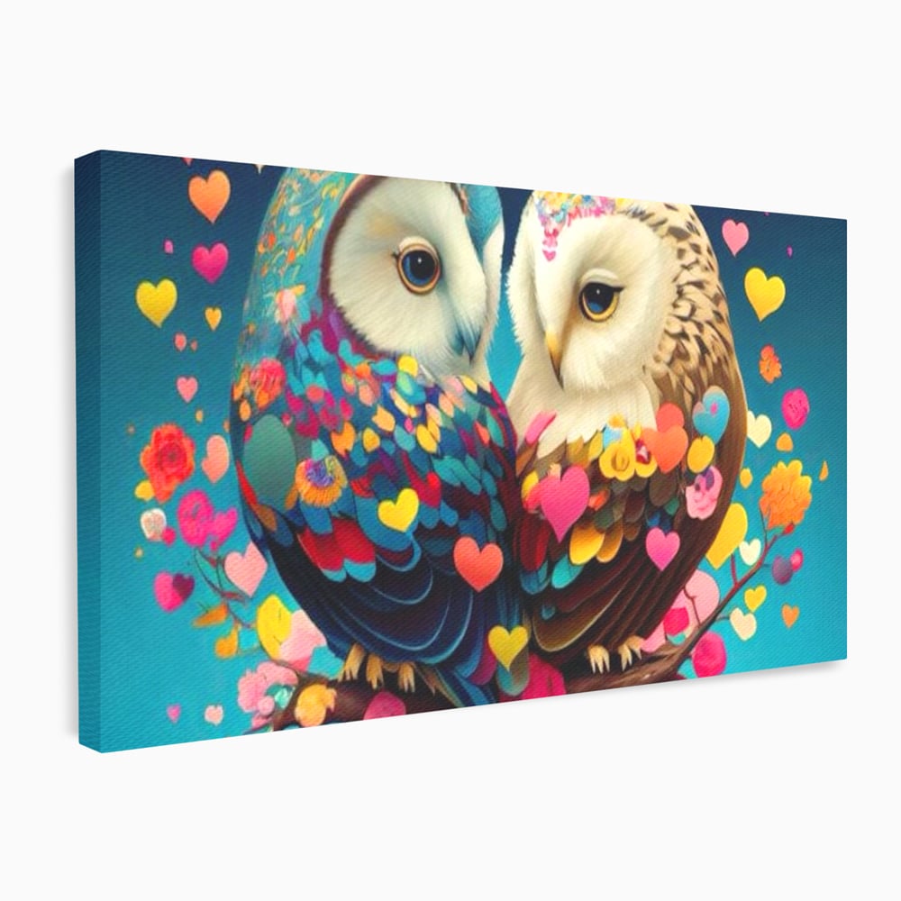 Leinwandbilder Premium LuxCanva® E1022, Die Eulen der Liebe, Eulen, Verbindung, Liebe, Harmonie, Herzen, Wohnzimmer, Lebendige Farben
