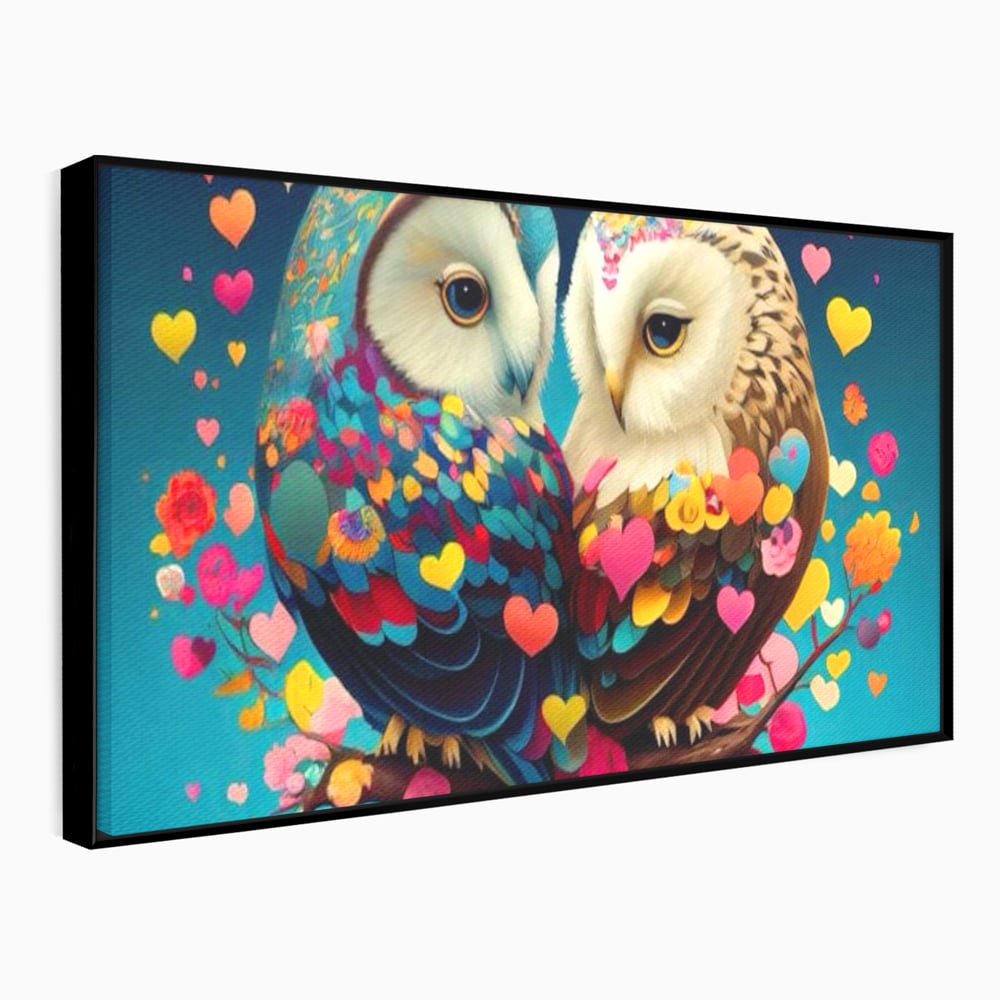 Leinwandbilder Premium LuxCanva® E1022, Die Eulen der Liebe, Eulen, Verbindung, Liebe, Harmonie, Herzen, Wohnzimmer, Lebendige Farben