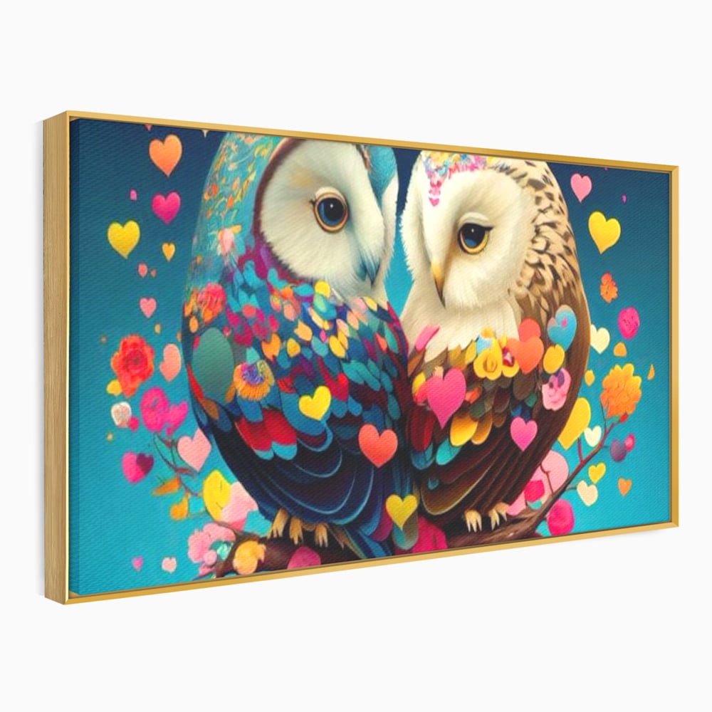 Leinwandbilder Premium LuxCanva® E1022, Die Eulen der Liebe, Eulen, Verbindung, Liebe, Harmonie, Herzen, Wohnzimmer, Lebendige Farben