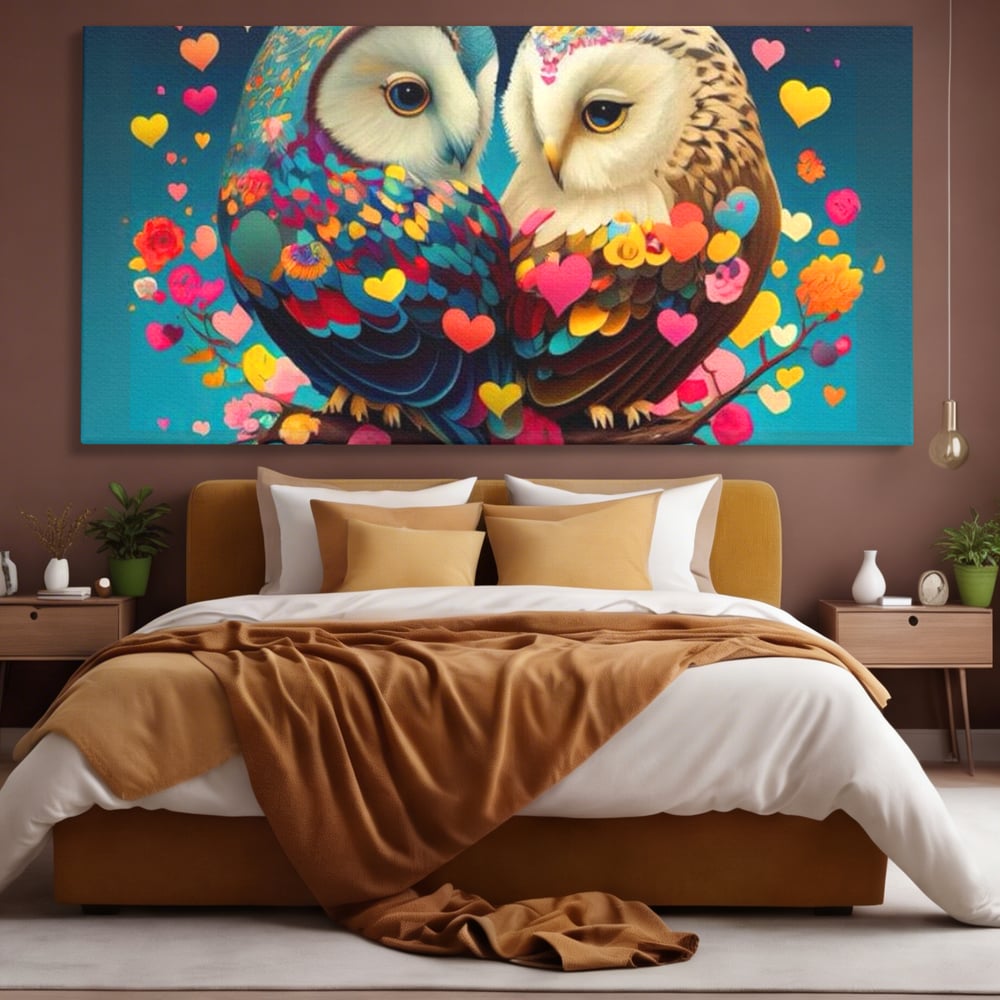 Leinwandbilder Premium LuxCanva® E1022, Die Eulen der Liebe, Eulen, Verbindung, Liebe, Harmonie, Herzen, Wohnzimmer, Lebendige Farben