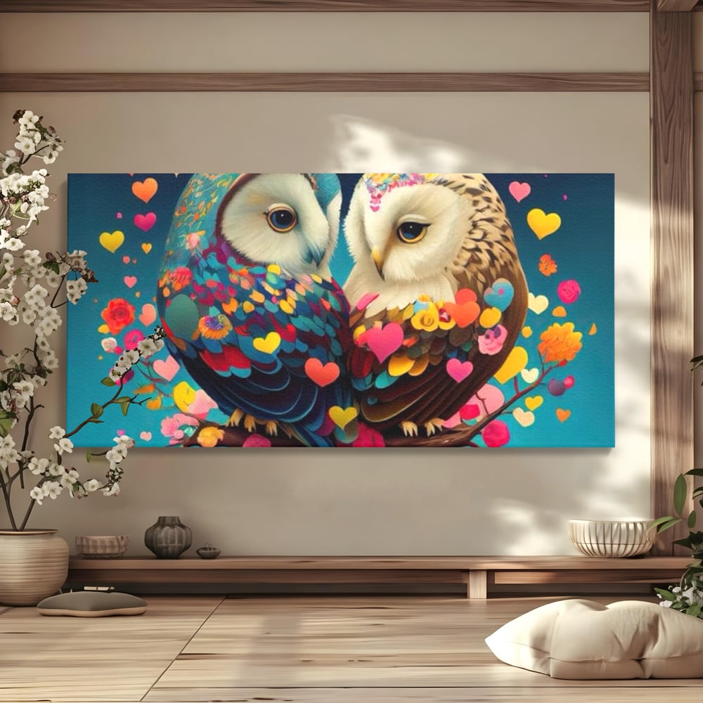 Leinwandbilder Premium LuxCanva® E1022, Die Eulen der Liebe, Eulen, Verbindung, Liebe, Harmonie, Herzen, Wohnzimmer, Lebendige Farben