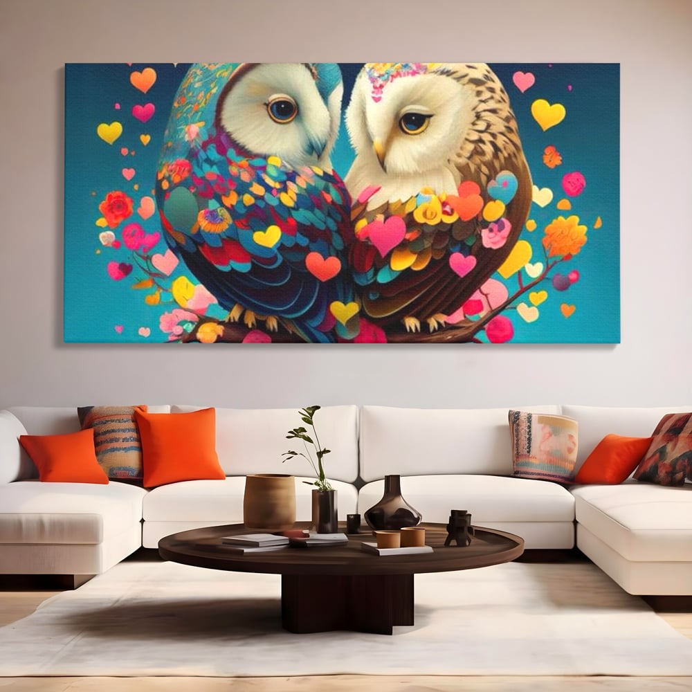 Leinwandbilder Premium LuxCanva® E1022, Die Eulen der Liebe, Eulen, Verbindung, Liebe, Harmonie, Herzen, Wohnzimmer, Lebendige Farben