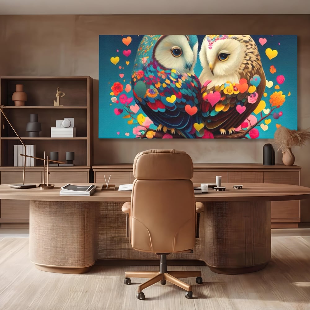 Leinwandbilder Premium LuxCanva® E1022, Die Eulen der Liebe, Eulen, Verbindung, Liebe, Harmonie, Herzen, Wohnzimmer, Lebendige Farben