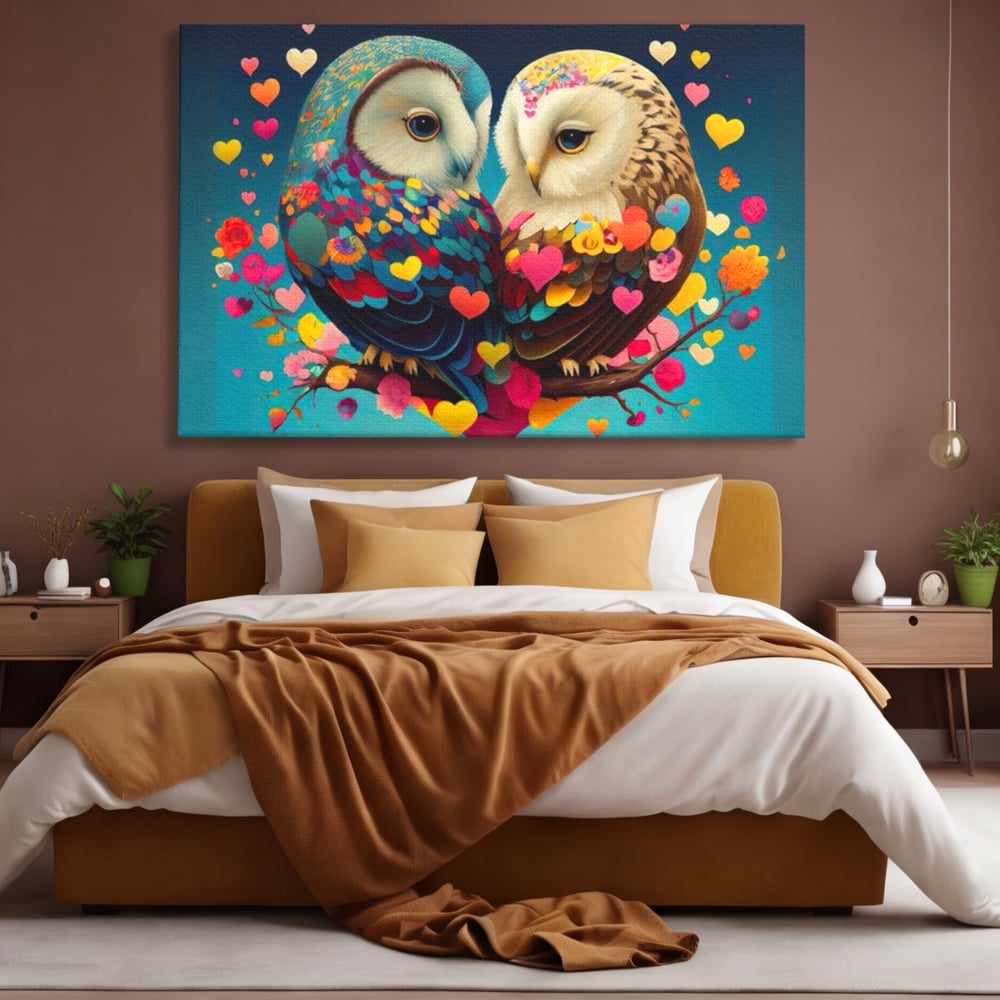 Leinwandbilder Premium LuxCanva® E1022, Die Eulen der Liebe, Eulen, Verbindung, Liebe, Harmonie, Herzen, Wohnzimmer, Lebendige Farben