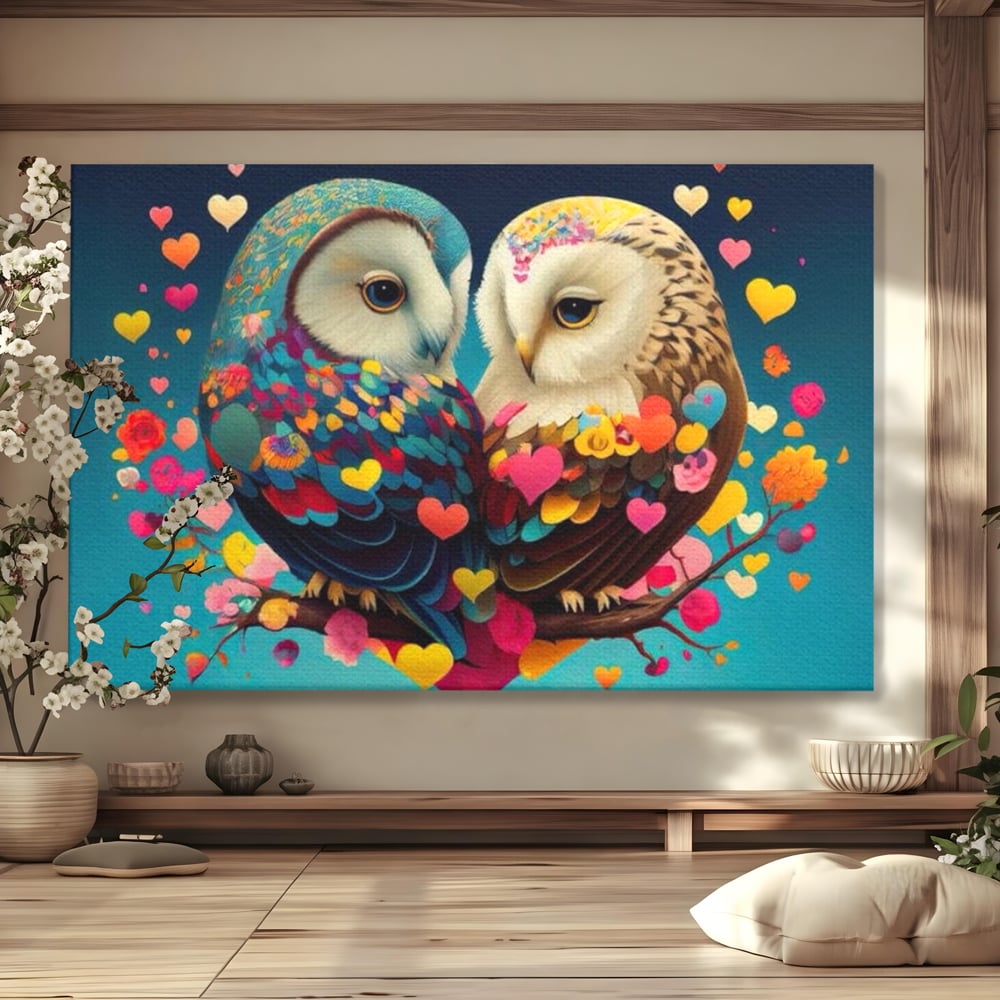 Leinwandbilder Premium LuxCanva® E1022, Die Eulen der Liebe, Eulen, Verbindung, Liebe, Harmonie, Herzen, Wohnzimmer, Lebendige Farben