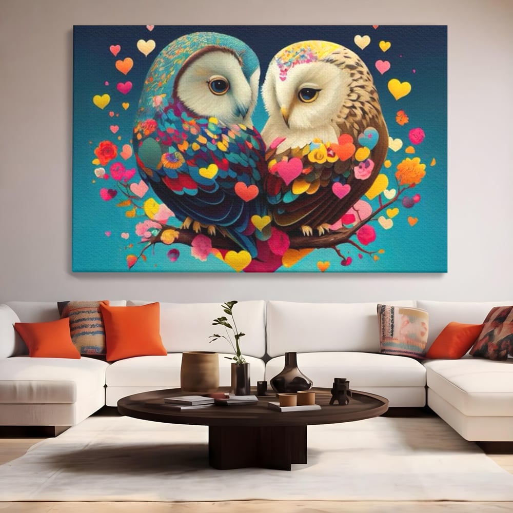 Leinwandbilder Premium LuxCanva® E1022, Die Eulen der Liebe, Eulen, Verbindung, Liebe, Harmonie, Herzen, Wohnzimmer, Lebendige Farben