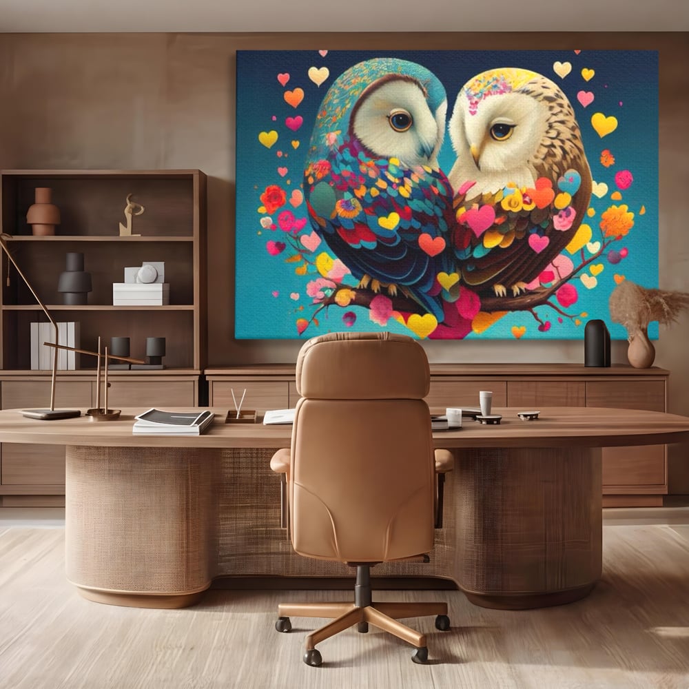 Leinwandbilder Premium LuxCanva® E1022, Die Eulen der Liebe, Eulen, Verbindung, Liebe, Harmonie, Herzen, Wohnzimmer, Lebendige Farben