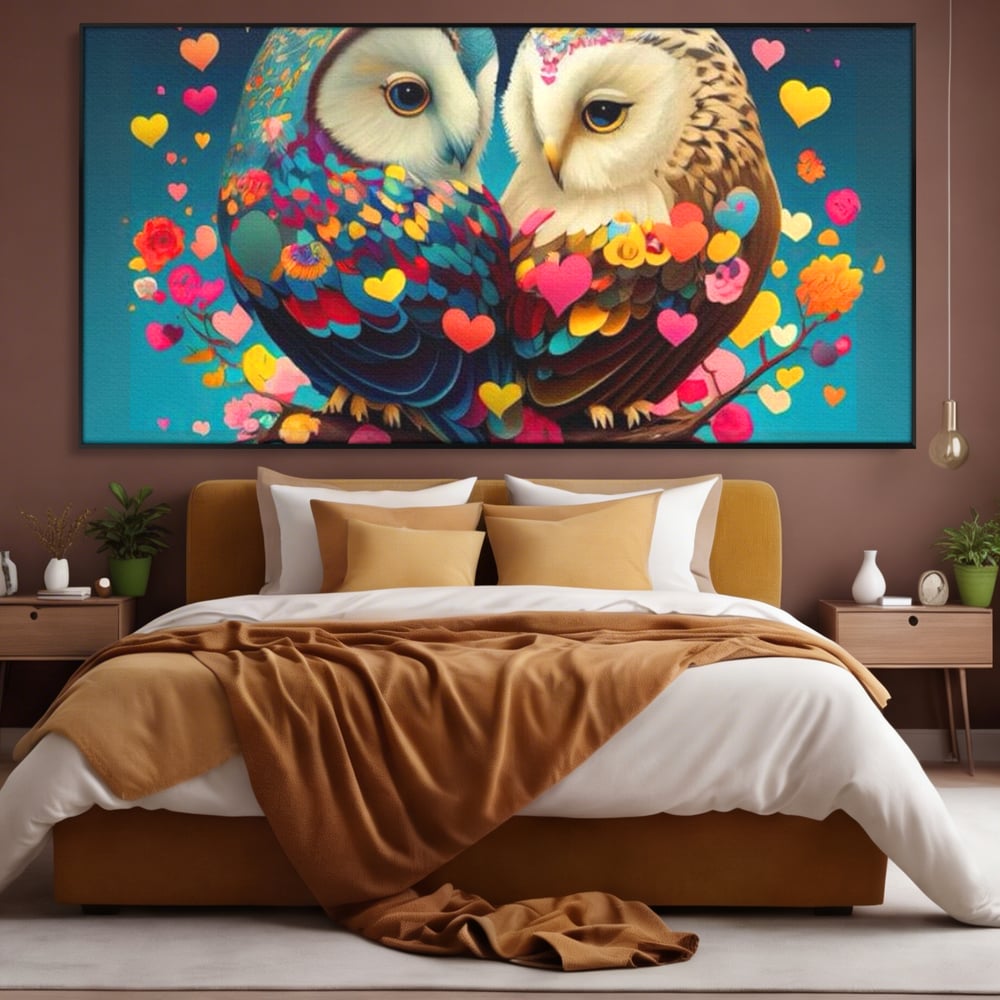 Leinwandbilder Premium LuxCanva® E1022, Die Eulen der Liebe, Eulen, Verbindung, Liebe, Harmonie, Herzen, Wohnzimmer, Lebendige Farben
