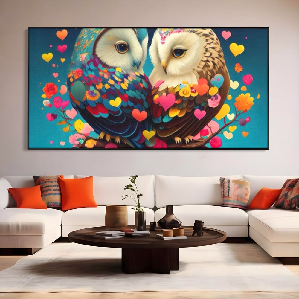 Leinwandbilder Premium LuxCanva® E1022, Die Eulen der Liebe, Eulen, Verbindung, Liebe, Harmonie, Herzen, Wohnzimmer, Lebendige Farben