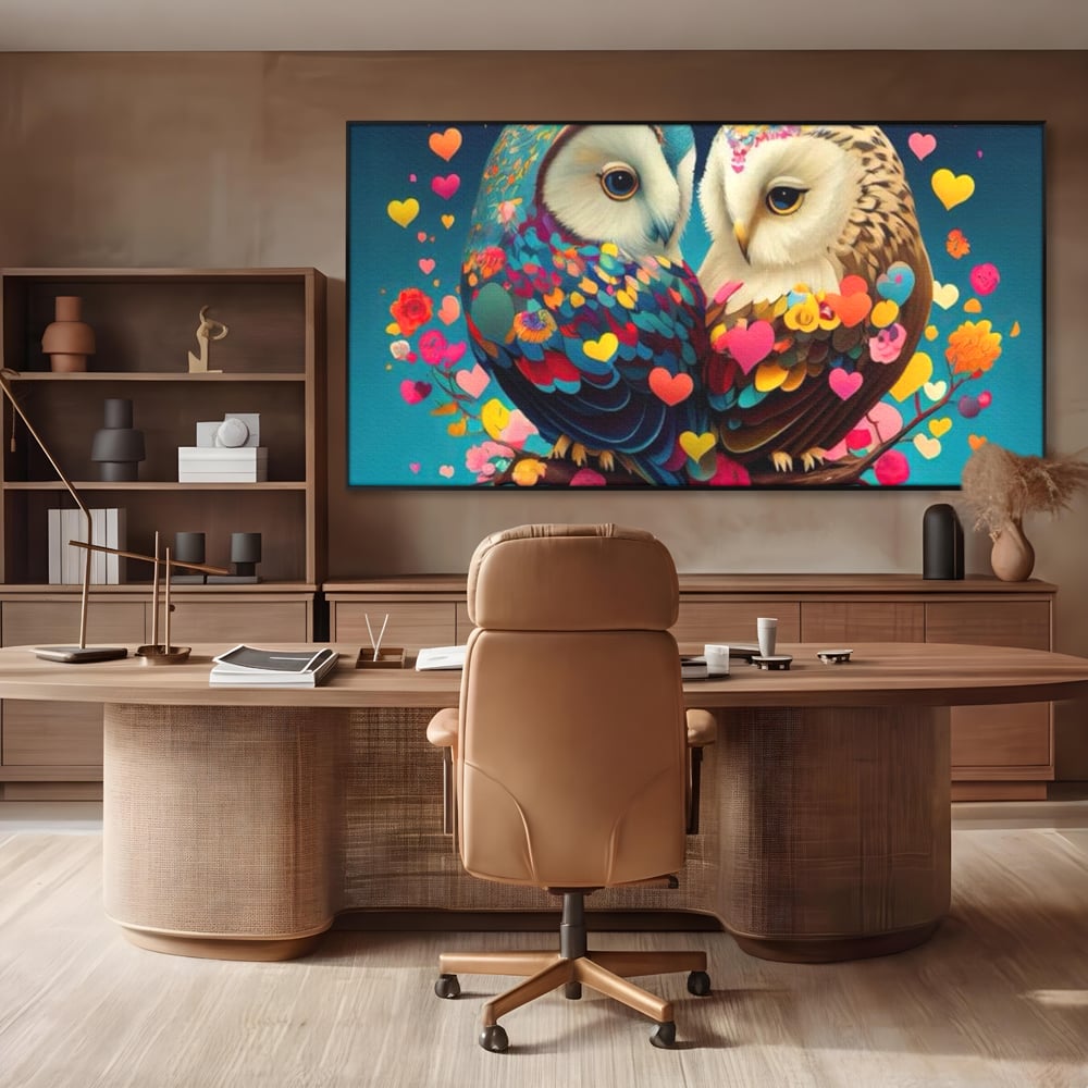 Leinwandbilder Premium LuxCanva® E1022, Die Eulen der Liebe, Eulen, Verbindung, Liebe, Harmonie, Herzen, Wohnzimmer, Lebendige Farben