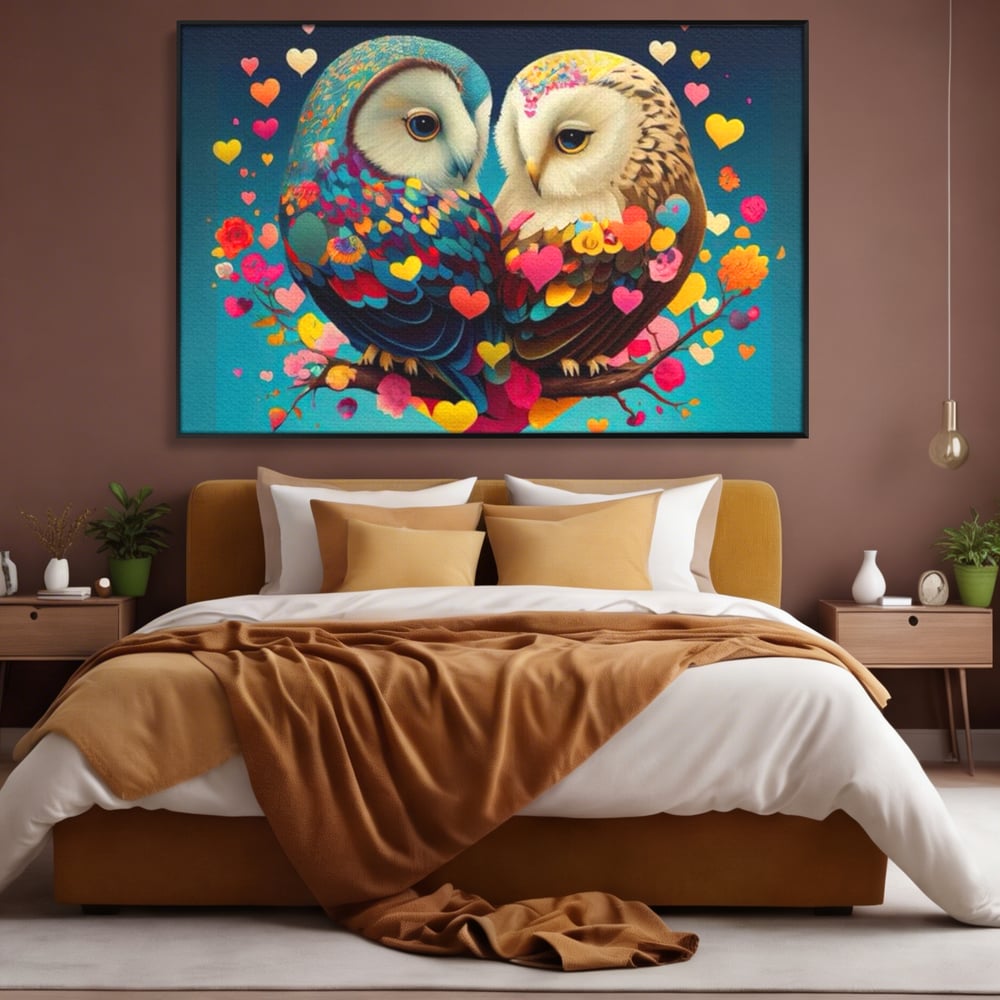 Leinwandbilder Premium LuxCanva® E1022, Die Eulen der Liebe, Eulen, Verbindung, Liebe, Harmonie, Herzen, Wohnzimmer, Lebendige Farben