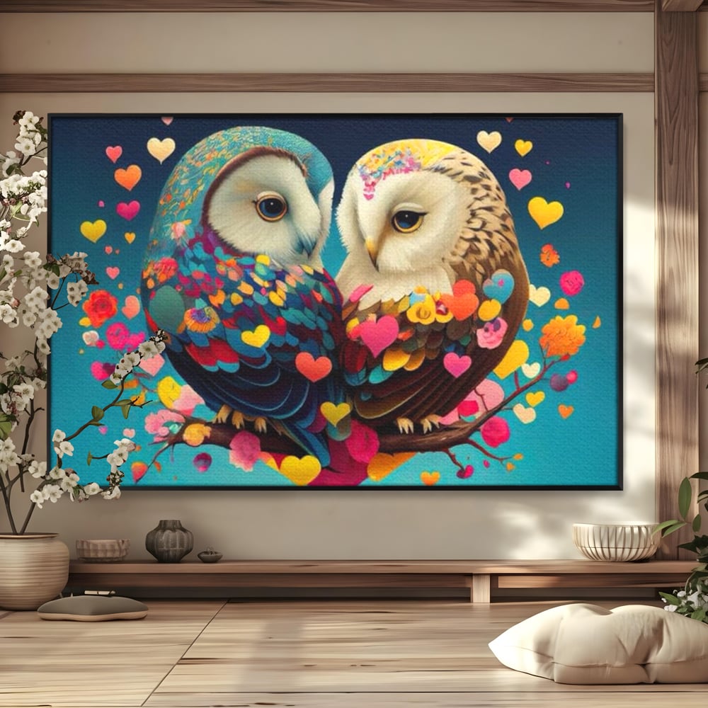 Leinwandbilder Premium LuxCanva® E1022, Die Eulen der Liebe, Eulen, Verbindung, Liebe, Harmonie, Herzen, Wohnzimmer, Lebendige Farben