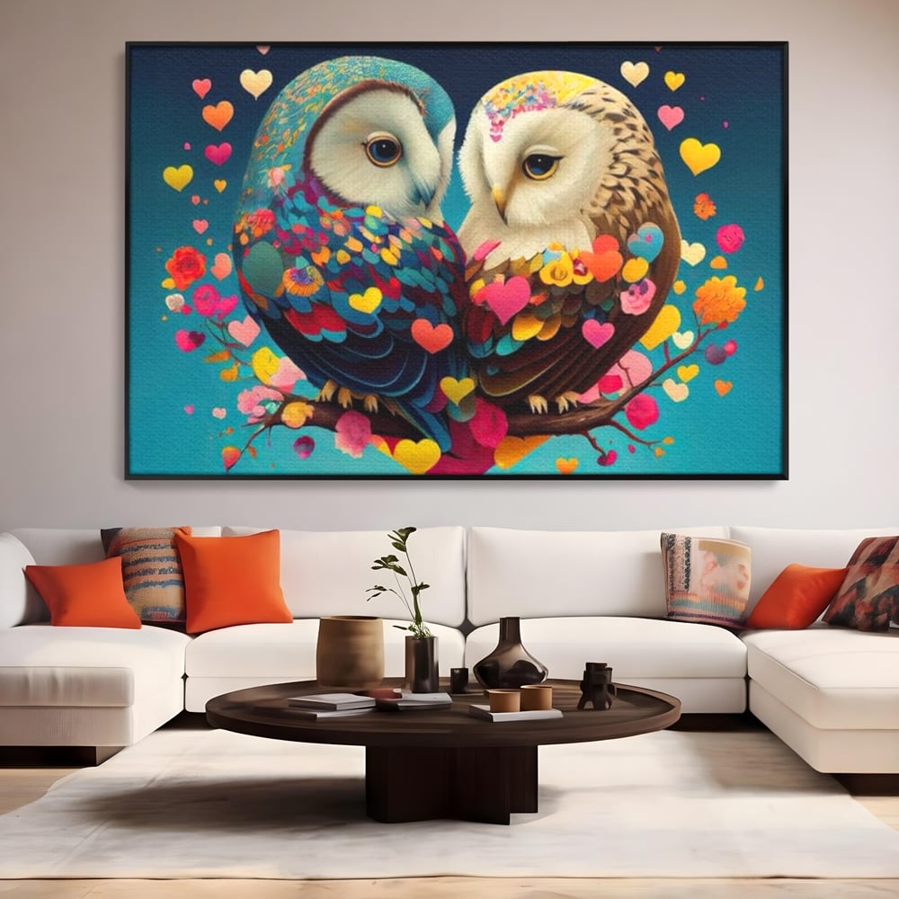 Leinwandbilder Premium LuxCanva® E1022, Die Eulen der Liebe, Eulen, Verbindung, Liebe, Harmonie, Herzen, Wohnzimmer, Lebendige Farben