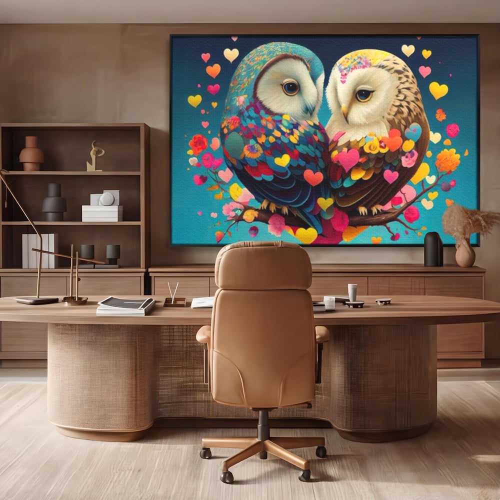 Leinwandbilder Premium LuxCanva® E1022, Die Eulen der Liebe, Eulen, Verbindung, Liebe, Harmonie, Herzen, Wohnzimmer, Lebendige Farben