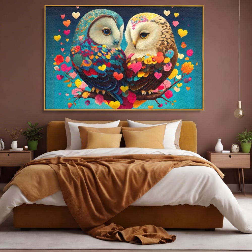 Leinwandbilder Premium LuxCanva® E1022, Die Eulen der Liebe, Eulen, Verbindung, Liebe, Harmonie, Herzen, Wohnzimmer, Lebendige Farben