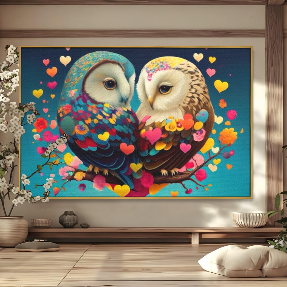 Leinwandbilder Premium LuxCanva® E1022, Die Eulen der Liebe, Eulen, Verbindung, Liebe, Harmonie, Herzen, Wohnzimmer, Lebendige Farben