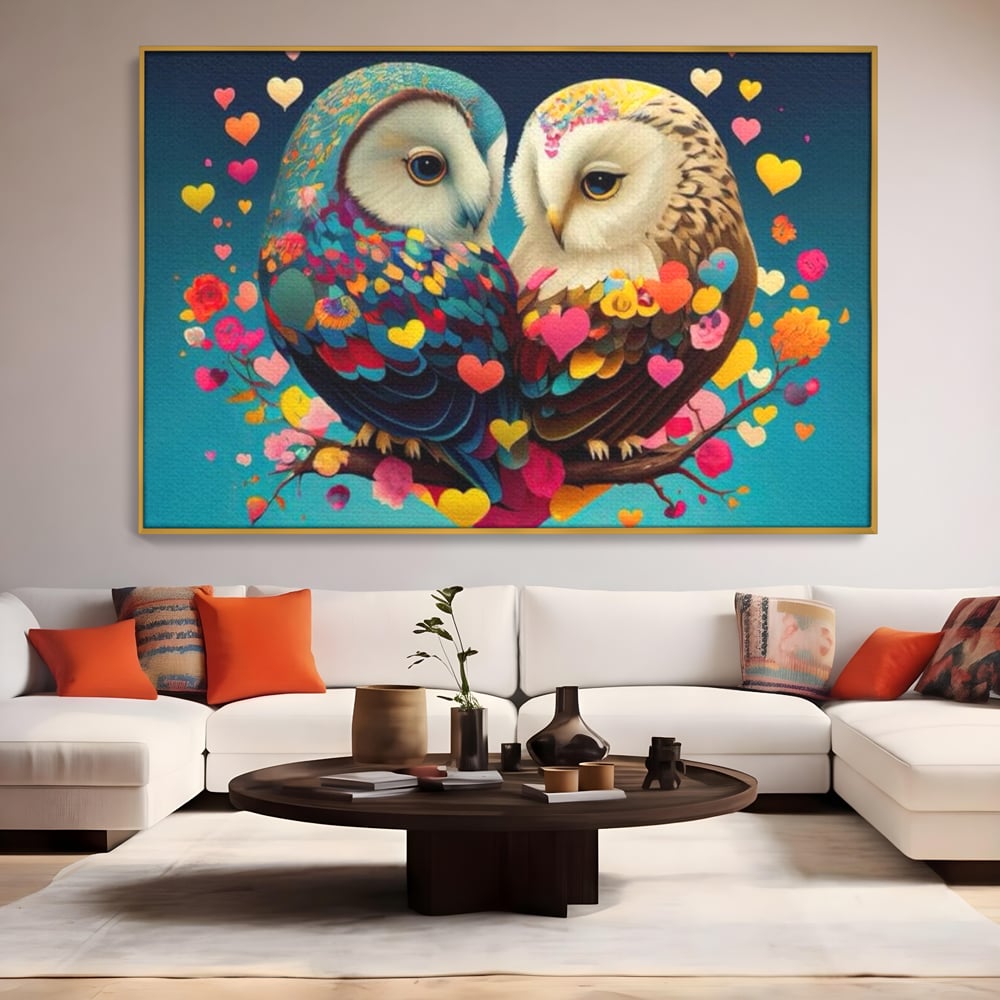 Leinwandbilder Premium LuxCanva® E1022, Die Eulen der Liebe, Eulen, Verbindung, Liebe, Harmonie, Herzen, Wohnzimmer, Lebendige Farben