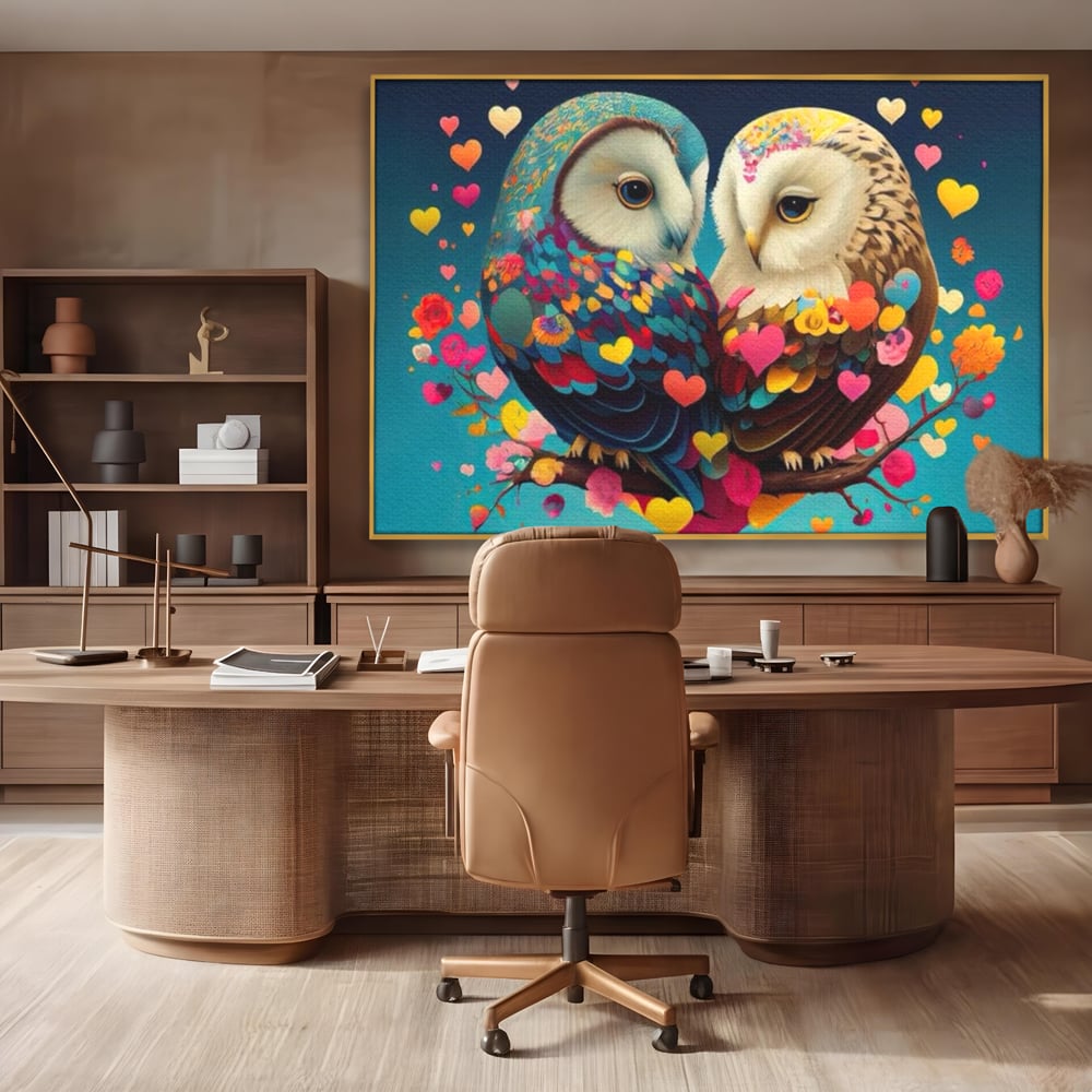 Leinwandbilder Premium LuxCanva® E1022, Die Eulen der Liebe, Eulen, Verbindung, Liebe, Harmonie, Herzen, Wohnzimmer, Lebendige Farben