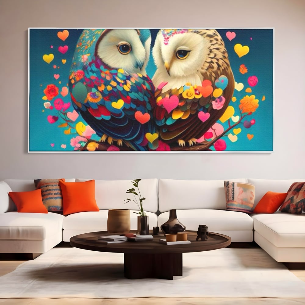 Leinwandbilder Premium LuxCanva® E1022, Die Eulen der Liebe, Eulen, Verbindung, Liebe, Harmonie, Herzen, Wohnzimmer, Lebendige Farben