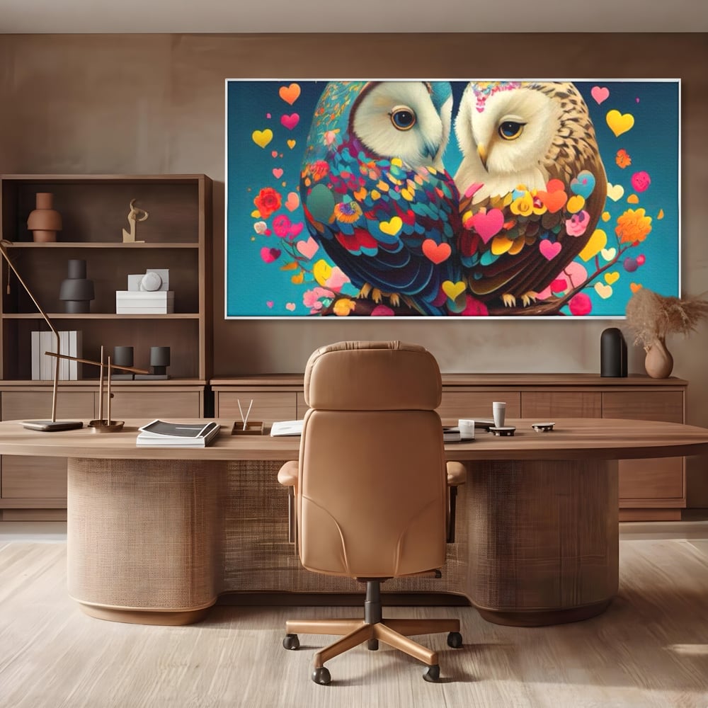 Leinwandbilder Premium LuxCanva® E1022, Die Eulen der Liebe, Eulen, Verbindung, Liebe, Harmonie, Herzen, Wohnzimmer, Lebendige Farben