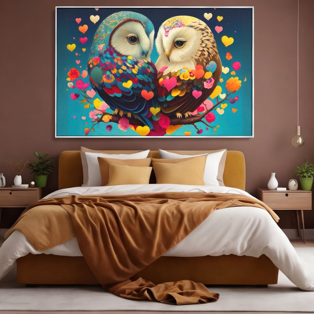 Leinwandbilder Premium LuxCanva® E1022, Die Eulen der Liebe, Eulen, Verbindung, Liebe, Harmonie, Herzen, Wohnzimmer, Lebendige Farben