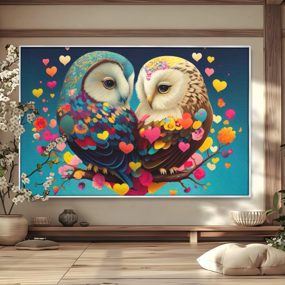 Leinwandbilder Premium LuxCanva® E1022, Die Eulen der Liebe, Eulen, Verbindung, Liebe, Harmonie, Herzen, Wohnzimmer, Lebendige Farben