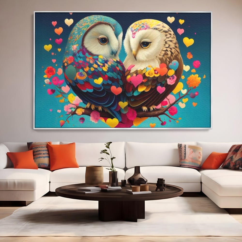 Leinwandbilder Premium LuxCanva® E1022, Die Eulen der Liebe, Eulen, Verbindung, Liebe, Harmonie, Herzen, Wohnzimmer, Lebendige Farben