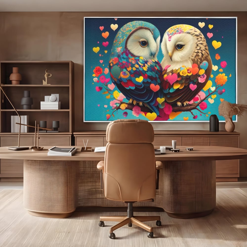 Leinwandbilder Premium LuxCanva® E1022, Die Eulen der Liebe, Eulen, Verbindung, Liebe, Harmonie, Herzen, Wohnzimmer, Lebendige Farben