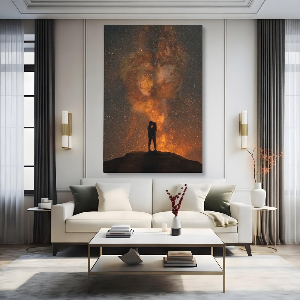 Tablou Canvas Premium LuxCanva® E1027, Iubire Dincolo de Stele, Astral, Cosmic, Univers, Indragostiti, Destin, Living Room, Culori vibrante