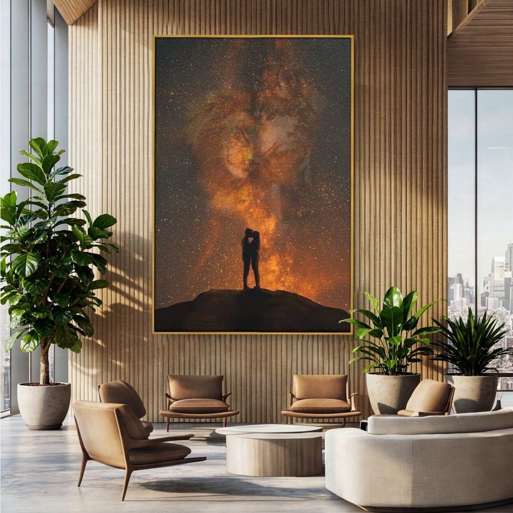 Tablou Canvas Premium LuxCanva® E1027, Iubire Dincolo de Stele, Astral, Cosmic, Univers, Indragostiti, Destin, Living Room, Culori vibrante