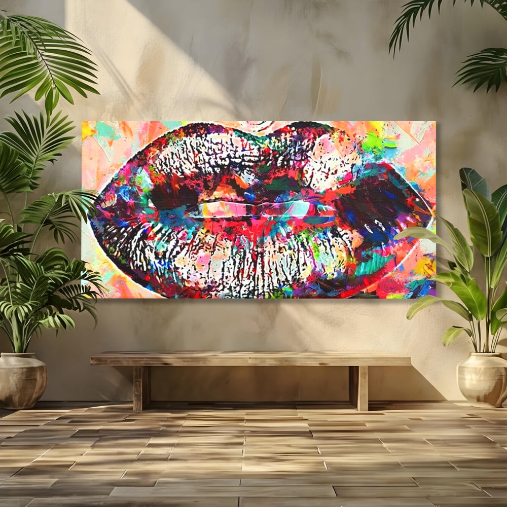 Tablou Canvas Premium LuxCanva® E1028, Sarut Pop Art, Buze, Glamour, Neon, Cromatic, Senzualitate, Living Room, Culori vibrante