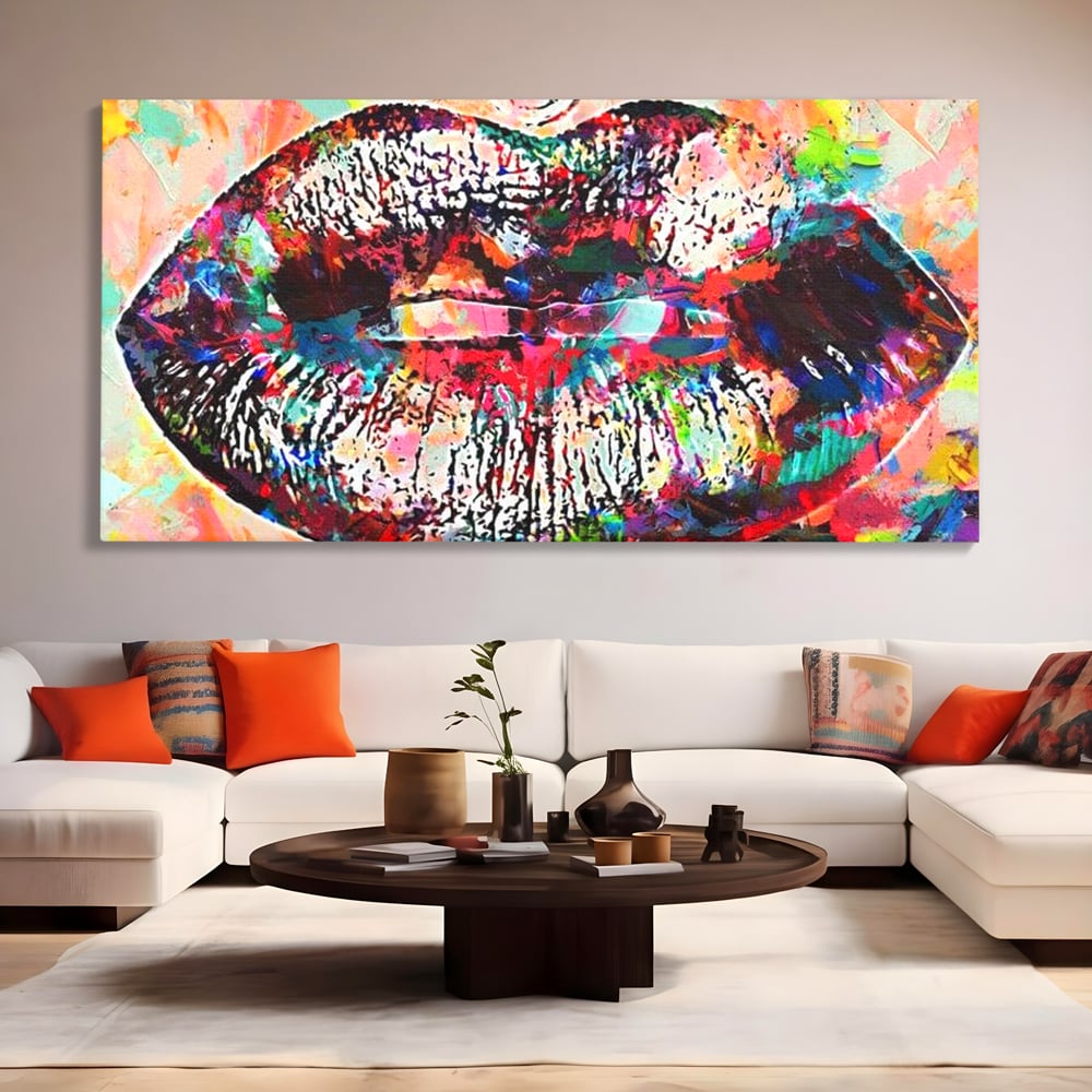Tablou Canvas Premium LuxCanva® E1028, Sarut Pop Art, Buze, Glamour, Neon, Cromatic, Senzualitate, Living Room, Culori vibrante