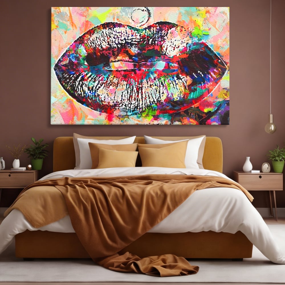 Tablou Canvas Premium LuxCanva® E1028, Sarut Pop Art, Buze, Glamour, Neon, Cromatic, Senzualitate, Living Room, Culori vibrante