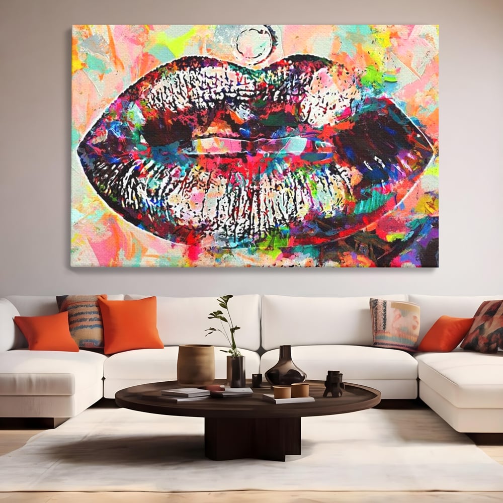 Tablou Canvas Premium LuxCanva® E1028, Sarut Pop Art, Buze, Glamour, Neon, Cromatic, Senzualitate, Living Room, Culori vibrante