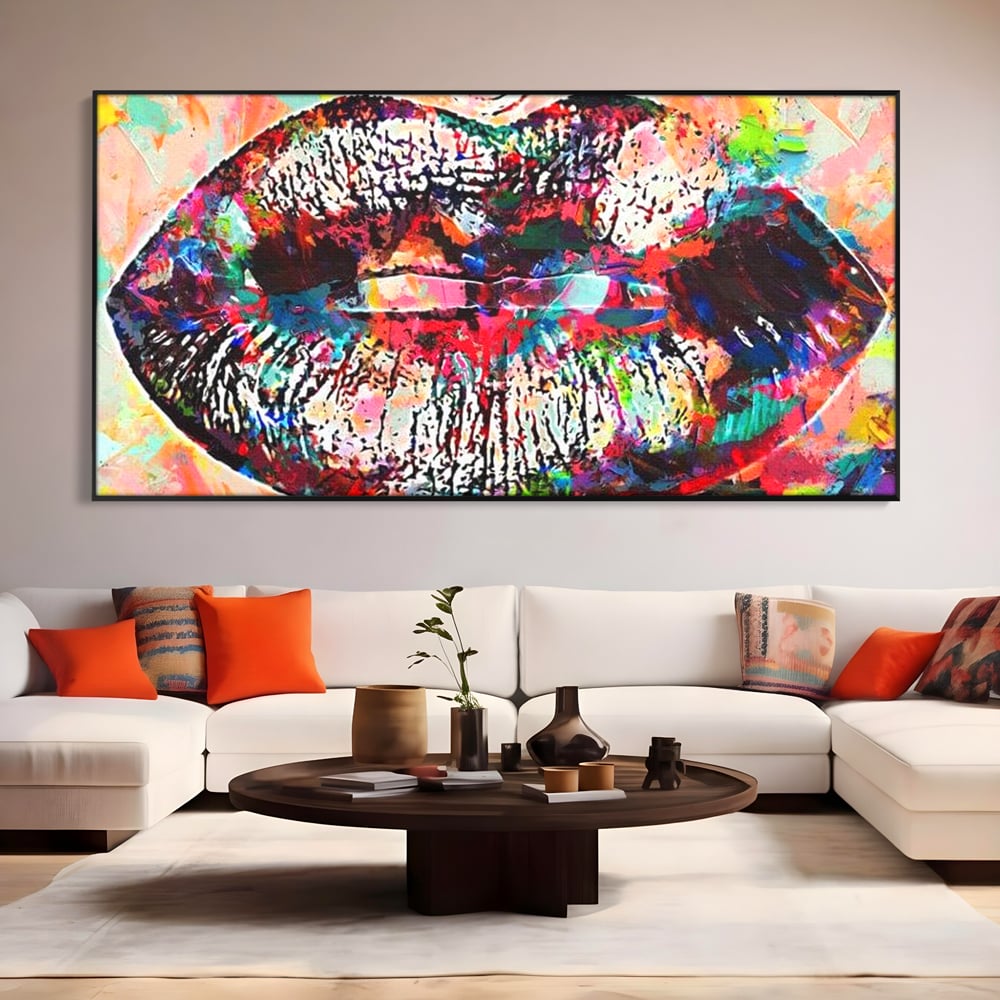 Tablou Canvas Premium LuxCanva® E1028, Sarut Pop Art, Buze, Glamour, Neon, Cromatic, Senzualitate, Living Room, Culori vibrante