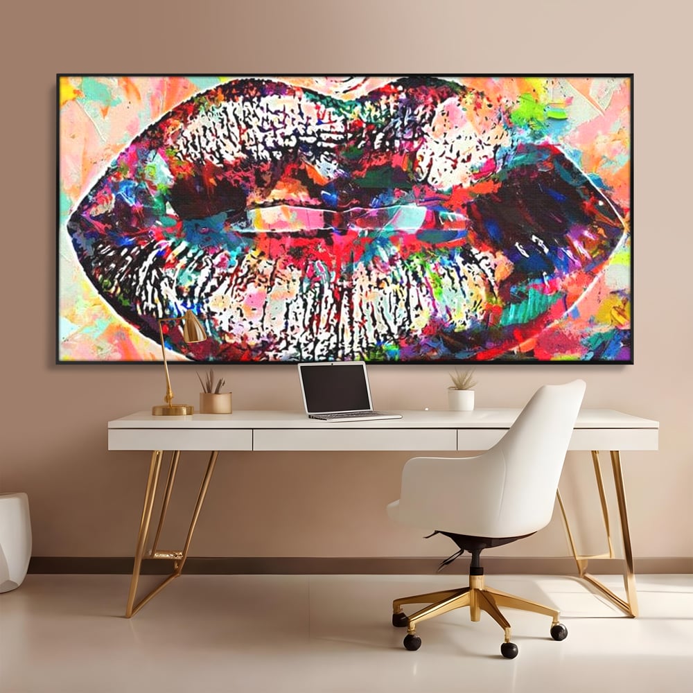 Tablou Canvas Premium LuxCanva® E1028, Sarut Pop Art, Buze, Glamour, Neon, Cromatic, Senzualitate, Living Room, Culori vibrante